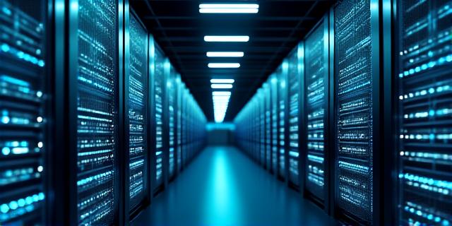 Abstraktes Rechenzentrum mit leuchtenden Sicherheitsdatenströmen